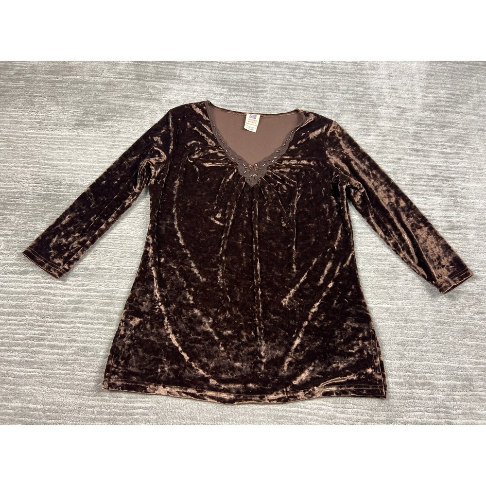 Faded Glory Tunic Womens L Brown Crushed Velvet V-Neck Lace Trim FGL45816
